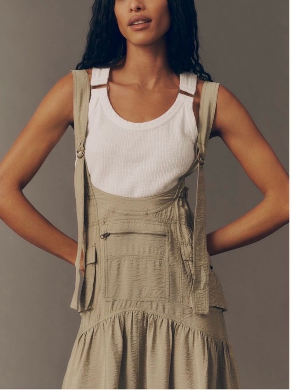 Anthropologie Pilcro Tiered Midi Pinafore Dress in Moss. Size S. MSRP $178 - Picture 2 of 16